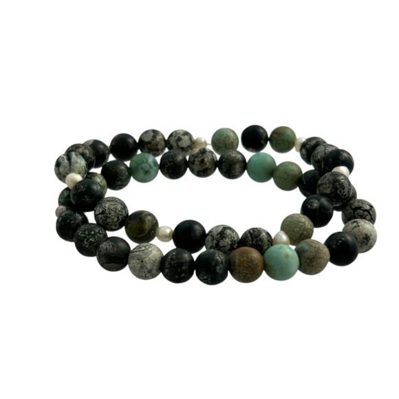 Lot 2 Stretch Bracelets Black Green Beaded Natural Stone Boho Jewelry Gift - Picture 1 of 10